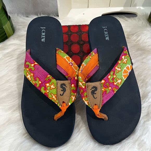 NEW J. Crew Preppy Seahorse Orange Pink Sunrise Retro Floral Flip Flops 6 NWOT - Picture 4 of 12